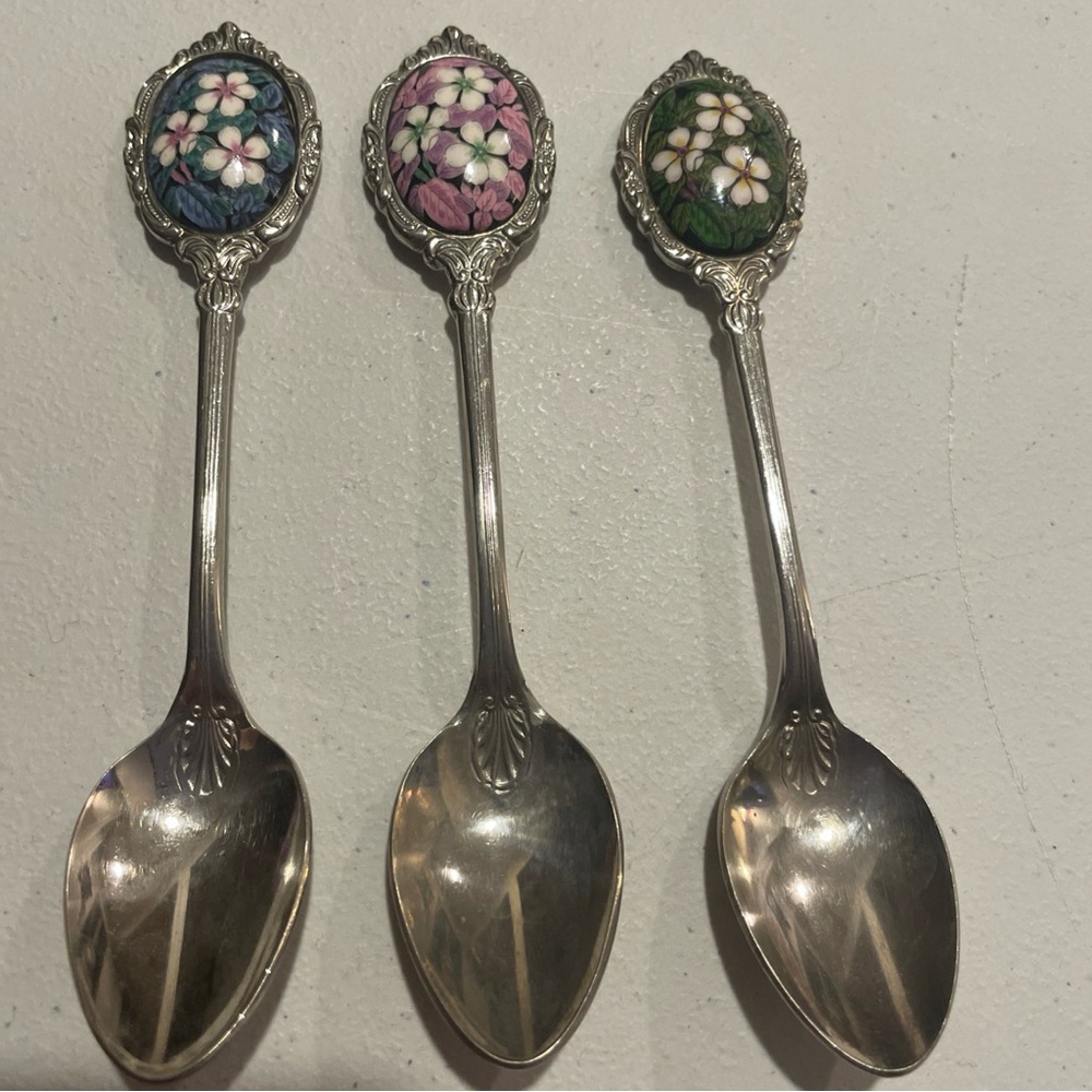Vintage Silver-plated Floral Enamel Demitasse Teaspoons - Blue, Pink, Green